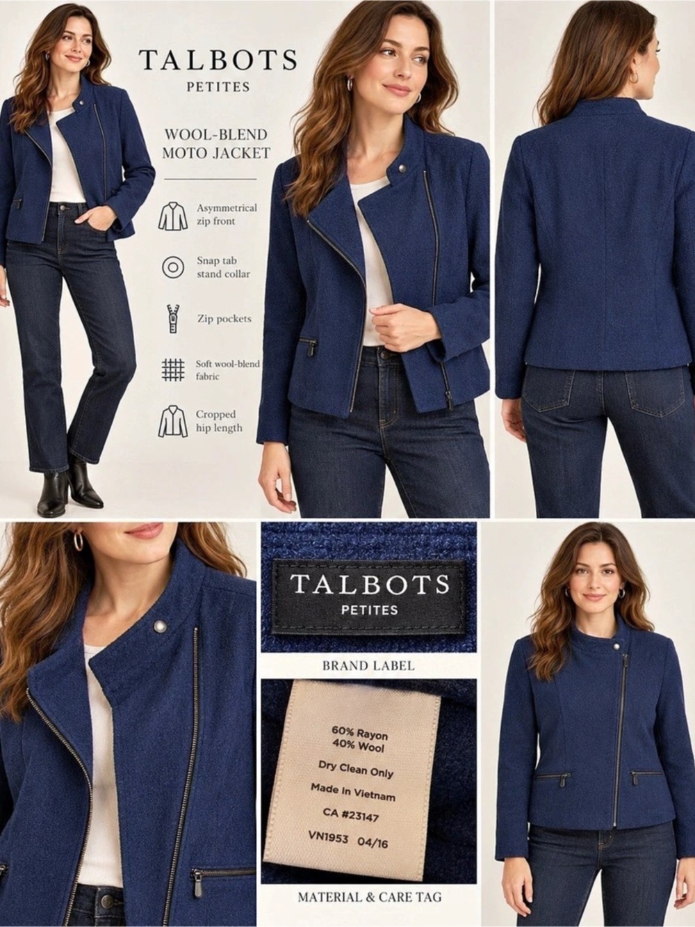 Talbots Petites Navy Wool Blend Moto Jacket Large Petite Zip Pockets